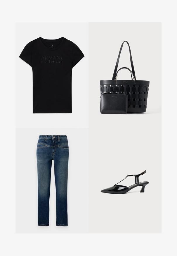 Zwarte katoenen T-shirt met korte mouwen, met verhoogde, glanzende "ARMANI EXCHANGE" tekst op de voorkant. Eenvoudig, klassiek ontwerp.; Donkerblauwe denim jeans met een rechte snit, voorzien van lichte vervaging, oranje stiksels en een knoopsluiting in de taille.; Zwarte pumps van lakleer met spits toelopende neus, T-strap en lage schuine blokhak op witte achtergrond.; Zwarte geweven tote tas met dubbele handvatten en een kleine bijpassende ritszak aan de voorkant, beide gemaakt van leer.