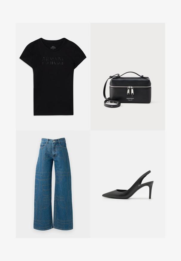 Zwarte katoenen T-shirt met korte mouwen, met verhoogde, glanzende "ARMANI EXCHANGE" tekst op de voorkant. Eenvoudig, klassiek ontwerp.; Wijde pijpen jeans in middelblauwe denim met contrasterende stiksels en meerdere zakontwerpen. Hoge taille met knoopsluiting.; Zwarte leren slingback hoge hakken met een puntige neus, met een uitsparing aan de voorkant en een dunne stilettohak.; Zwarte rechthoekige lederen crossbodytas met zilveren dubbele rits en verstelbare riem, voorzien van het Emporio Armani-logo en de tekst Milano 1981.
