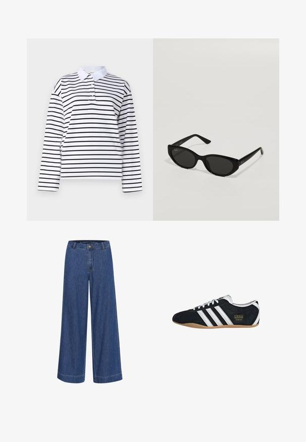 Witte polo met lange mouwen, voorzien van horizontale zwarte strepen, een klassieke kraag en een twee-knops sluiting. Katoenen stof van hoge kwaliteit.; Wijduitlopende denim broek in donkerblauw. Gemaakt van katoen, met een knoopsluiting, voorzakken en een nette zoom.; Zwarte suède sneaker met witte drie strepen, gouden logo en een bruine rubberen zool. Heeft een laag profiel vetersluiting ontwerp.; Zwarte zonnebril met een smal, kattenoogvorm. Gemaakt van glad plastic, met donkere glazen en subtiele logo-accenten op de veren.