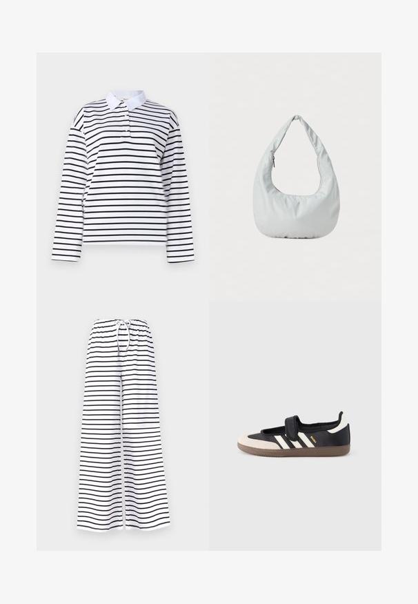 Chemise polo à manches longues blanches avec des rayures horizontales noires, un col classique et un plastron à deux boutons. Tissu en coton lisse.; Pantalons larges en tissu blanc, avec des rayures horizontales noires. Taille élastique avec cordon de serrage pour un ajustement et un confort réglables.; Baskets noires et beiges avec une bride en velcro, trois bandes blanches sur le côté, et une semelle en caoutchouc marron texturée. Logo de la marque visible.; Sac hobo doux, de couleur gris clair, fabriqué en matériau synthétique. Présente une poignée rembourrée unique et un compartiment zippé sur le côté.