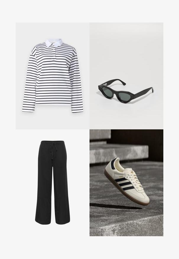 Witte polo met lange mouwen, voorzien van horizontale zwarte strepen, een klassieke kraag en een twee-knops sluiting. Katoenen stof van hoge kwaliteit.; Culture CUNAVI CLARINA - Broek - black; Witte Adidas Samba sneaker met zwarte strepen en gumzool, zwevend boven gestructureerde grijze betonnen treden.; Zwarte zonnebril met een geometrisch ontwerp, gemaakt van glanzend plastic. Donkergroene lenzen, schuin cat-eye vorm en platte pootjes.