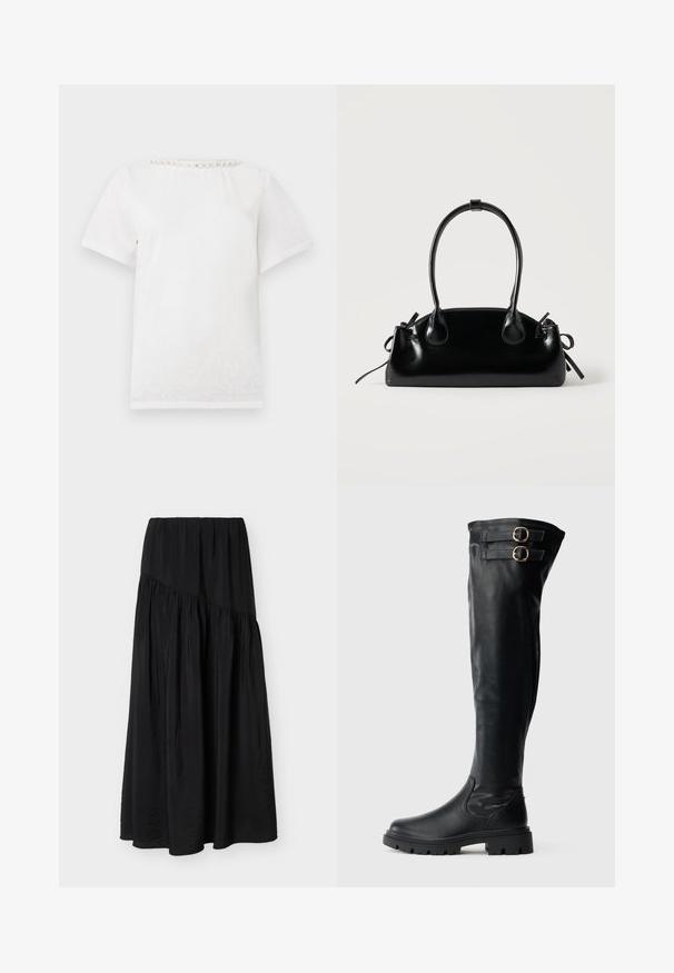 T-shirt blanc à manches courtes avec un col rond orné d'une rangée de perles décoratives le long du col.; Jupe noire longueur cheville avec tissu plissé et détail de couture diagonale à l'avant.; Bottes noires montantes au-dessus du genou en cuir lisse. Elles présentent deux boucles métalliques, une semelle en caoutchouc épaisse et un design élégant.; Petit sac à main noir brillant avec deux longues anses et des détails à cordon sur les côtés sur un fond clair uni.