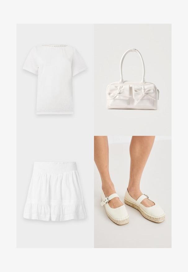 T-shirt blanc à manches courtes avec un col rond orné d'une rangée de perles décoratives le long du col.; Mini-jupe blanche à volants avec taille élastiquée smockée et détails subtils de couture horizontale sur tissu léger.; Chaussures style espadrille en cuir blanc avec un bout carré, bride réglable à boucle et semelle en jute tressé. Texture lisse et lignes épurées.; Sac à main synthétique blanc avec deux poches avant, chacune ornée d'un nœud noué. Texture lisse, anses arrondies et fermeture zippée.