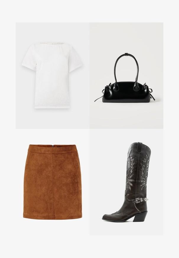 T-shirt blanc à manches courtes avec un col rond orné d'une rangée de perles décoratives le long du col.; Mini jupe en daim marron avec une texture lisse, coupe droite et une fermeture à glissière arrière discrète. Présente des détails de couture pour apporter de la structure.; Botte de cowboy en cuir noir avec découpes décoratives, boucle argentée et talon incliné, présentée sur fond blanc.; Petit sac à main noir brillant avec deux longues anses et des détails à cordon sur les côtés sur un fond clair uni.