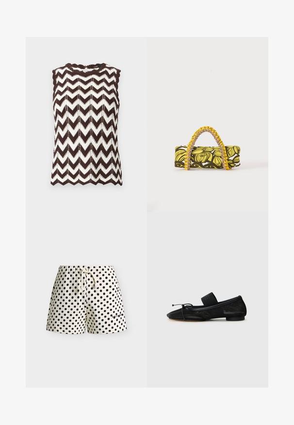 Haut sans manches en tricot avec motif zigzag marron et blanc et bords festonnés aux épaules et à l'ourlet.; Short blanc à pois noirs, taille élastique avec cordon blanc et petit logo texte noir sur la jambe gauche.; Chaussure plate noire avec un bout pointu, fabriquée en tissu texturé, avec un accent à nœud et un petit talon rond. Sangle élastique au niveau de la cheville.; Sac rectangulaire avec motif floral jaune et noir et anse tressée jaune et rose sur fond blanc.