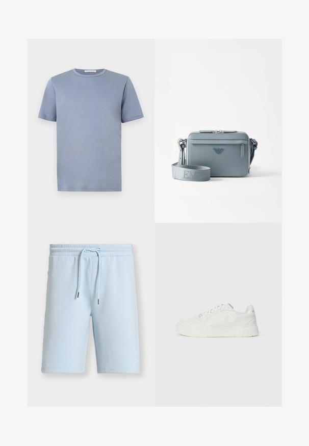 T-shirt bleu clair en coton à manches courtes et col rond avec un design simple et une étiquette de marque visible à l'intérieur du col.; Shorts bleu clair longueur genou avec taille élastique et cordon, avec un texte embossé discret près de l’ourlet inférieur sur la jambe gauche.; Sneaker blanc en cuir lisse avec des accents texturés, dotée d'un bout rond, d'un système de laçage à l'avant et d'une semelle épaisse avec des rainures.; Sac à bandoulière structuré bleu en matériau texturé, avec une fermeture éclair, une poche avant et une sangle réglable arborant le logo "EMPOR".
