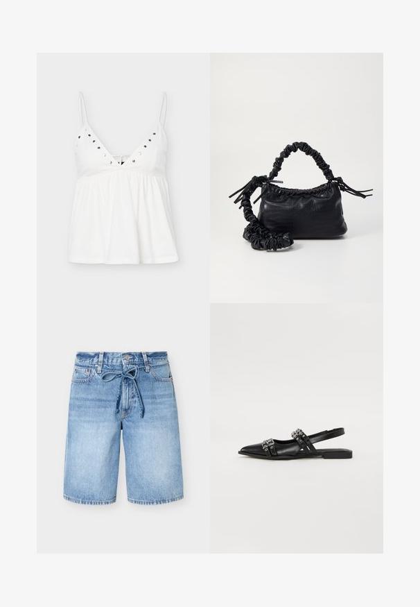 Hvid ærmeløs dame top med tynde stropper, V-udskæring, sølv nitter langs udskæringen og en indsamlet, løstsiddende talje.; Mellemblå denimshorts med høj talje, knap foran, fem lommer og et bundet stofbælte i taljen.; Even&Odd Slingback-ballerinasko - black; Sort kunstlæder håndtaske med krokodilteksur, indsnøret top og en sammenkrøben rem. Ser blød og kompakt ud i designet.