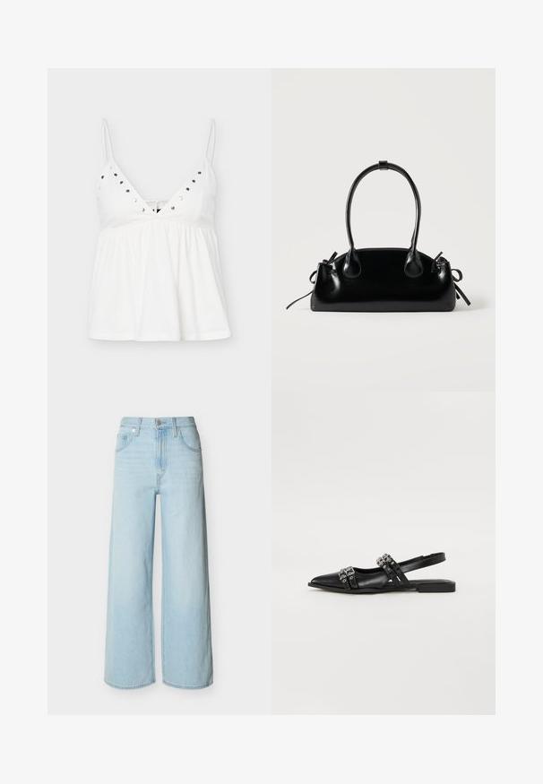 Top blanc sans manches pour femme avec fines bretelles, encolure en V, clous argentés le long de l'encolure et taille froncée et ample.; Jean bleu clair à jambes larges avec une fermeture avant à boutons et zip, des passants de ceinture, et un design classique à cinq poches.; Even&Odd by Zalando Ballerines à brides arrière - black; Petit sac à main noir brillant avec deux longues anses et des détails à cordon sur les côtés sur un fond clair uni.