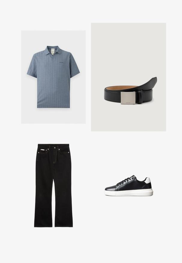 Polo bleu à manches courtes avec col, ouverture en V et petit logo Calvin Klein sur la poitrine gauche.; Jean noir droit avec coutures orange, cinq poches, fermeture par bouton, et une petite étiquette Calvin Klein sur la poche avant droite.; Baskets en cuir noir à texture lisse, semelle en caoutchouc blanche, design à lacets et un accent au talon blanc contrastant.; Ceinture en cuir noir au fini lisse, avec une boucle carrée en argent gravée "Calvin Klein" et une doublure intérieure en marron.