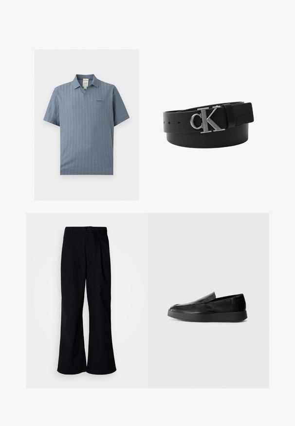 Polo bleu à manches courtes avec col, ouverture en V et petit logo Calvin Klein sur la poitrine gauche.; Pantalons larges noirs en coton avec un pli à l'avant, présentant une fermeture à bouton et des passants de ceinture, texture lisse et sans motifs visibles.; Calvin Klein HYBRID CUP - Chaussons - triple black; Ceinture en cuir noir texturé avec une boucle en métal argenté "CK", enroulée avec des trous de fixation visibles et une boucle de ceinture.