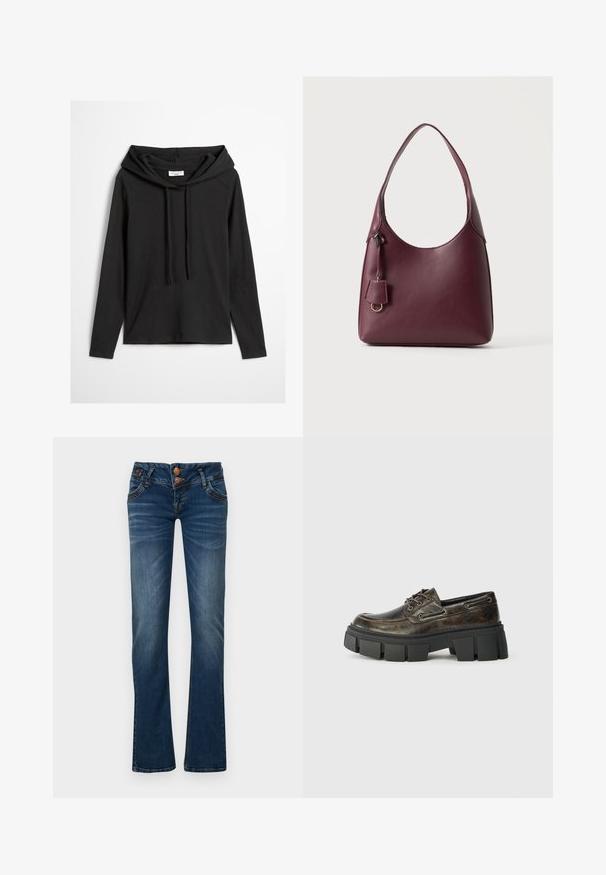Sort hættetrøje med lange ærmer lavet af blødt stof, med snøre ved halsen og afslappet pasform. Enkel, minimalistisk design.; Mørkeblå bootcut jeans med to frontknapper, fem lommer og subtil falmning på lår og knæ.; Mørkebrun læder snørebåd med tyk sort chunky sål, struktureret overflade og moc toe syning på glat baggrund.; Mørk bordeauxfarvet lædertaske med enkelt skulderrem og lille dekorativt mærke med en gylden ring på en ensartet lys baggrund.