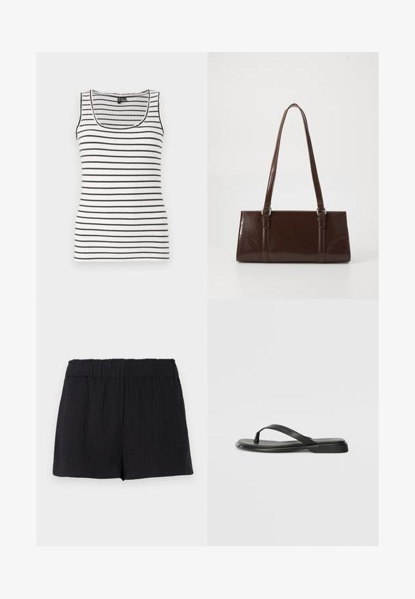 Débardeur à rayures noires et blanches horizontales. Doté d'un encolure dégagée et de bretelles fines. Tissu doux et extensible.; Shorts en tissu noir texturé avec une taille élastique et une coupe ample et décontractée.; Tongs noires en cuir lisse, avec un design de sangle fine et une semelle plate à profil minimal. Aucun motif ou accent notables.; Sac à main en cuir verni marron de forme rectangulaire, avec deux longues poignées et des accents courbés subtils à l'avant.