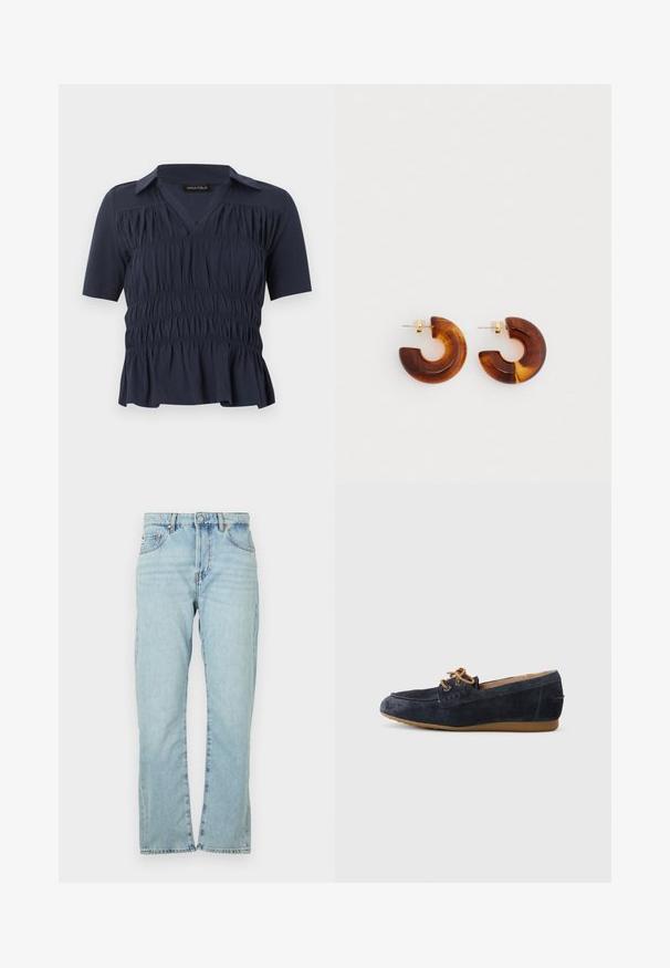 Marineblå kortærmet bluse med krave, V-udskæring, smockdetalje med elastik foran og let vidde ved kanten.; Lyseblå denimjeans med lige ben-design. Har fem lommer, metalknaplukning og en let falmet tekstur.; Mørkeblå ruskinds bådsko med rund tå, læder snørebånd og en tan gummisål. Glat overflade med stikninger på overdelen.; Brune akrylhængerør med et buet design. Guldtonet hardware. Glat overflade med en blank finish.