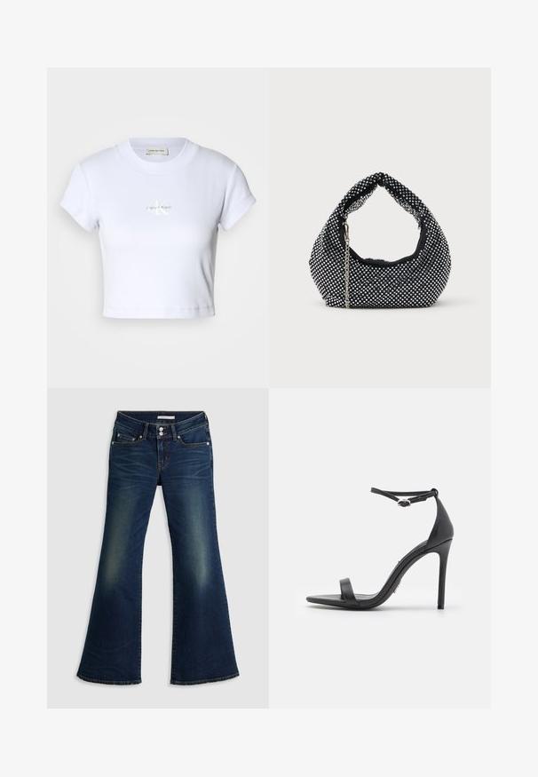 Weißes, kurzes T-Shirt mit rundem Ausschnitt und kurzen Ärmeln, das in der Mitte mit einem dezenten "Calvin Klein"-Logo versehen ist.; Dunkelblaue Jeans im Super-Low-Flare-Schnitt mit Front- und Gesäßtaschen, doppeltem Knopfverschluss und verwaschenen Details an Oberschenkeln und Knien.; Schwarze High Heels Sandalen mit offener Zehe, dünnen Riemen und Knöchelverschluss. Glatte Ledertextur mit spitzem Zehendesign.; Schwarze Netz-Handtasche verziert mit silbernen Nieten, mit einem gebogenen Griff und einem Kettenriemen. Weiche Textur mit runder Form.