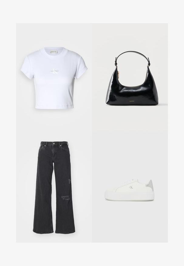 Valge lühikeste varrukatega ja ümarate kaelustega lühike T-särk, mille keskel on diskreetne "Calvin Klein" logo.; Laia mustaga denimit, millel on pragunenud detailid alumisel paremal jalal. Omab klassikalist nupu sulgemist ja viie tasku disaini.; Valged kangast tennisekingad paksu valge tallaga, millel on metallist hõbedane aksent kandadel ja tagasihoidlik logodetail küljel.; Musta läikiv Calvin Kleini käekott kuldse luku ja lühikese rihmaga valgel taustal.