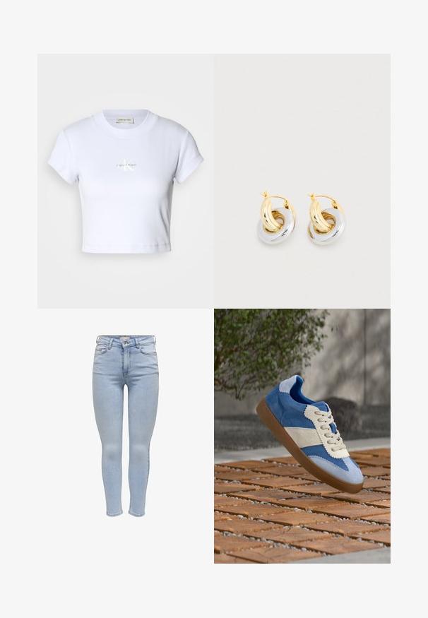 Valkoinen lyhyt crop-top-paita, jossa on pyöreä pääntie ja lyhyet hihat. Paidassa on hillitty "Calvin Klein" -logo keskellä.; Vaaleansiniset skinny-farkut, jotka on valmistettu denimistä ja joissa on vetoketjusuljenta, viisi taskua sekä sileä pinta, jossa on minimaalista haalistumista.; Sininen ja valkoinen mokkanahkainen lenkkitossu, ruskealla pohjalla, roikkuu ilmassa puulattian yläpuolella ulkona lähellä seinää ja vihreää pensasta.; Kulta- ja hopearenkaat, joissa on toisiinsa kietoutuvat pyöreät muodot, kiillotetulla pinnalla ja saranoitu lukitus.