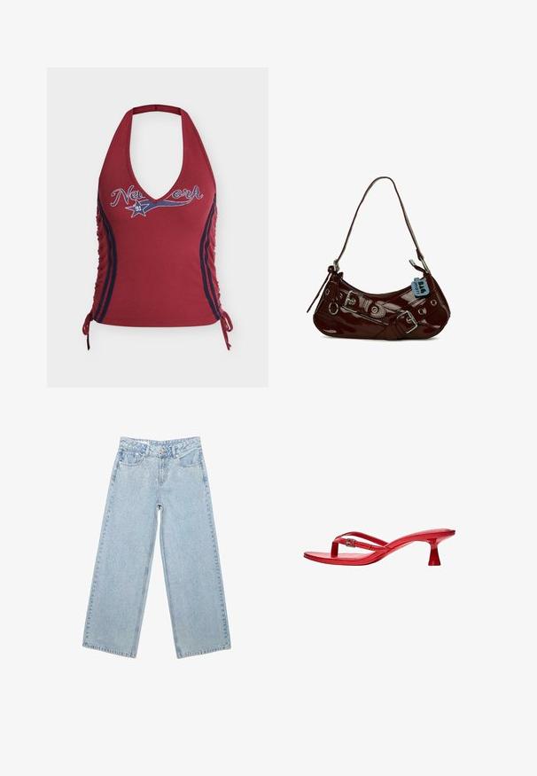 Haut dos nu rouge avec des rayures bleues sur les côtés, le texte « New York 91 » et un détail étoile, avec des liens ajustables sur les côtés.; Jean large bleu clair à taille haute, poches avant, fermeture par bouton et fermeture éclair, avec des embellissements scintillants subtils à l'avant.; Bershka THAONG KITTEN HEEL - SANDALS - Sandales tongs - red; Sac à main en cuir verni bordeaux avec une forme courbée, accents en métal argenté et une boucle décorative. Il présente une courte bandoulière et une fermeture éclair.