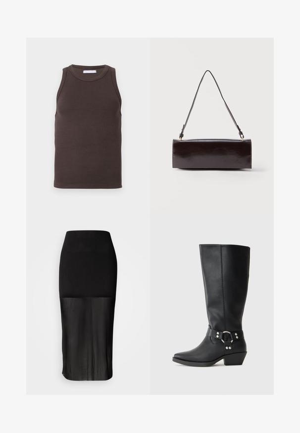 Brun ribbet tanktop med rund hals og ærmeløs design. Stoffet er strækbart med en glat overflade. Enkel, minimalistisk stil.; Sort midi-nederdel med en tætsiddende talje, der har et gennemsigtigt underpanel. Glat tekstur med en elegant silhuet og uden synlige mønstre.; Sorte læderknæhøje støvler med spids tå, der har en dekorativ ankelrem og sølvfarvede hardware-detaljer. Lav stablet hæl.; Rektangulær sort læderhåndtaske med en enkelt lang rem og blank finish, vist mod en ensfarvet hvid baggrund.