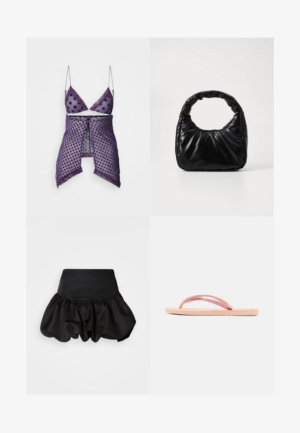 Conjunto de lencería morada con lunares, confeccionado con tela de malla transparente, ribete de encaje y tirantes ajustables; incluye un pañuelo a juego con lazo frontal.; Falda de satén negro con cintura ajustada y dobladillo voluminoso fruncido. Presenta una textura suave y una silueta tipo globo.; Chancla rosa con una correa brillante, suela de goma texturizada y diseño plano sencillo. Presenta acentos como una pieza de conector brillante.; Bolso negro acolchado con un asa redondeada, que presenta una superficie lisa y brillante y una textura suave y acolchada. Sin herrajes ni acentos visibles.
