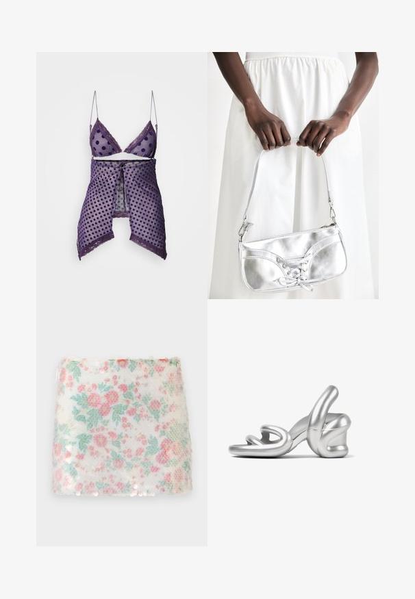 Paars lingerie set met polkadots, transparante meshstof, kanten rand en verstelbare bandjes; inclusief een bijpassende wikkel met een strik aan de voorkant.; Witte stof met bloemmotief, voorzien van pastelroze en groene bloemen, met een gestructureerd oppervlak en subtiele pailletten langs de onderrand.; Zilveren hoge hak sandalen met een sculpturaal ontwerp, een gladde metallic afwerking en een unieke gedraaide banddetail aan de voorkant.; Zilveren metalen handtas met vetersluiting, met een strak ontwerp en een korte schouderriem. De tas wordt vastgehouden in de handen, waardoor de textuur goed tot zijn recht komt.