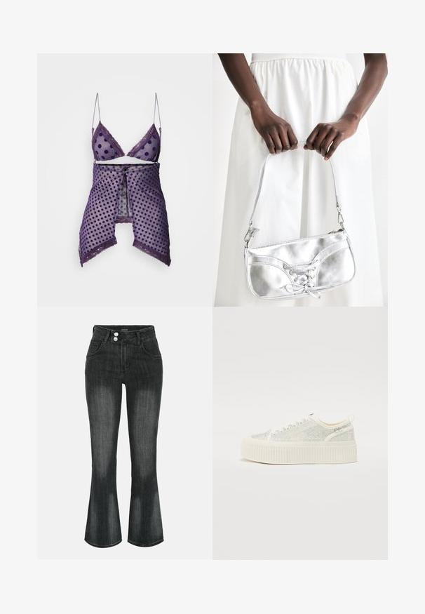 Ensemble de lingerie à pois violets avec tissu en maille transparente, bordure en dentelle et bretelles ajustables ; comprend un cache-cœur assorti avec un nœud devant.; Jean en denim noir délavé à taille haute, fermeture double bouton, poches avant et jambes légèrement évasées.; Baskets plateformes blanches avec une tige texturée featuring des accents irisés et une semelle épaisse à nervures. Lacets et une languette à l'arrière.; Sac à main en métal argenté avec un détail à lacets, arborant un design épuré et une courte sangle. Le sac est tenu dans les mains, mettant en valeur sa texture.