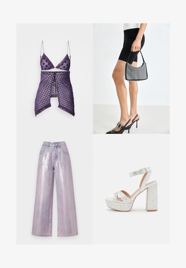 Lillakate täppidega pesukomplekt läbipaistvast võrkkangast, pitsist äärise ja reguleeritavate rihmadega; komplekti kuulub sobiv mähis esipoolse lipsuga.; The Ragged Priest AMETHYST - Wide leg - metallic lilac; Valged platvormsandaalid metallikviimistlusega, millel on kaks ristuvat rihma, pahkluu rihm ja plokk-kreen, millel on sädelevate kalliskividega kaunistus.; Mustmust mustraha mustone, millel on kõver siluett, kandmisvõime ja läikiv tekstuur. Kandmine kõrgete kontsadega mustade kingade ja istuvate mustade lühikesed pükstega.