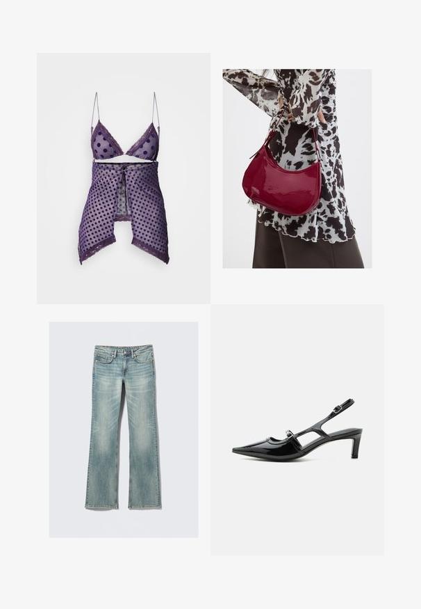 Paars lingerie set met polkadots, transparante meshstof, kanten rand en verstelbare bandjes; inclusief een bijpassende wikkel met een strik aan de voorkant.; Lichtblauwe denim flared jeans met vervaagde plekken, een ritssluiting, vijf zakken en contrasterende stikseldetails. Zachte textuur en volledige lengte.; Zwarte lakleren slingback schoen met een spits toelopende neus, lage hak en twee verstelbare gespen, zijaanzicht.; Vrouw met een zwart-wit gebloemde blouse houdt een glanzende rode schoudertas vast tegen een effen achtergrond.