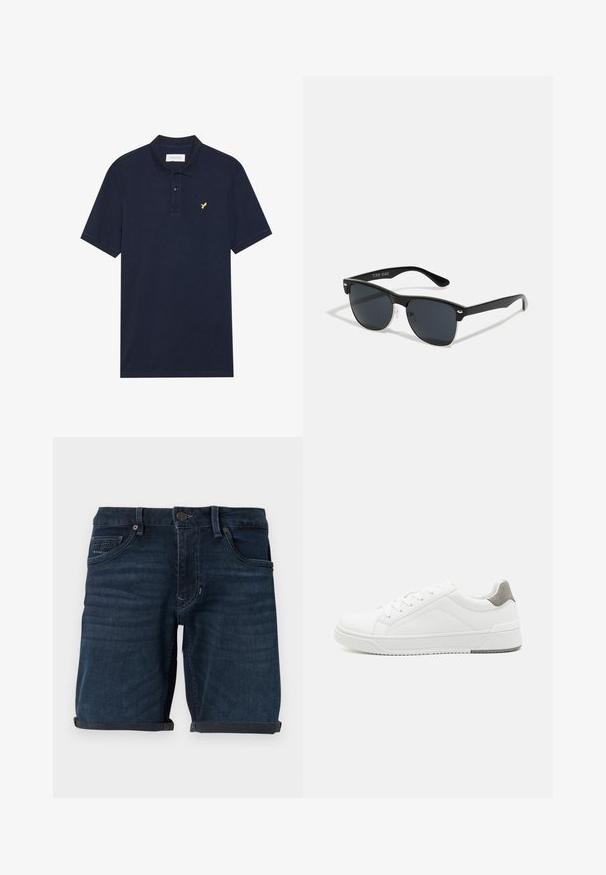 Marineblauw poloshirt van gestructureerd katoen, met een drieknopenlijst, korte mouwen en een klein geel adelaarslogo op de borst.; Donkerblauwe denimshorts met opgerolde mouwen, voorzien van voorzakken, een knoopsluiting en een merkelabel op de achterzak.; Witte sneaker van glad leer met een ronde neus, minimalistisch ontwerp, grijze hielaccent en een geplaatste rubberen zool.; Zwarte zonnebril met een rechthoekige vorm, donkere lenzen, zilveren accenten bij de slapen en een matte afwerking op het montuur.