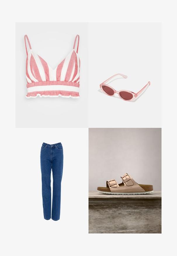NAF NAF LIZA - Top - ecru/rose; Hoge taille blauwe denim jeans met rechte pijpen, vijf zakken en metalen knoopsluiting. Heeft een klassiek stikpatroon en geen slijtage.; Roze-gouden slidersandalen met twee verstelbare metalen gespen, kurken voetbed en witte rubberen zool. Gladde metalen afwerking, open teen ontwerp.; Roze transparante zonnebril met ovale lenzen, donkerrode tint en slanke pootjes, met een gladde afwerking en subtiele details op het frame.