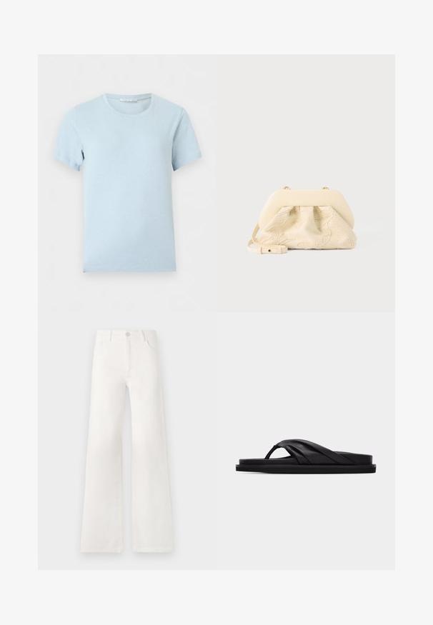 Lichtblauw T-shirt met korte mouwen en ronde hals met een zichtbaar merkembleem binnenin de kraag tegen een effen achtergrond.; Witte, hoogwaist, wijde jeans van denim. Heeft een knoopsluiting, twee voorkruiszakken en zijnaadstiksel details.; Zwarte platte sandaal met gewatteerde kruisband en teenriemje, minimalistisch ontwerp tegen een effen lichtgrijze achtergrond.; Crèmekleurige stoffen handtas met bloemrijke borduursels, zachte afgeronde bovenkant en verstelbare band, plat gelegd op een lichtgrijze achtergrond.
