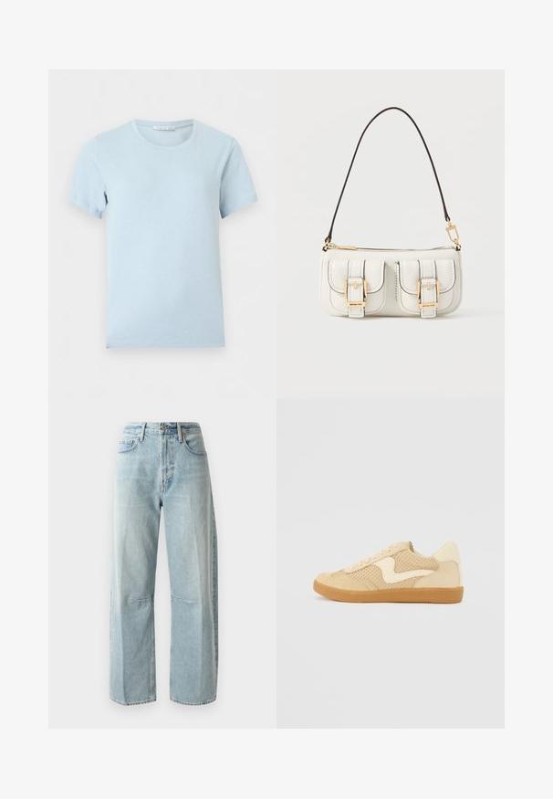 Lyseblå kortærmet t-shirt med rund halsudskæring og synligt mærke indeni kraven mod ensfarvet baggrund.; Lyseblå vide jeans lavet af denim. Har en høj talje, to forlommer og en lige benlængde med let fading i stoffet.; Beige sneakers med ruskind og mesh-materialer, rund form, fremtrædende polstret krave og en gummikondisko. Har et bølge-design som accent.; Hvid lædertaske med tre forlommer foran, guldfarvet beslag og brun skulderrem. Forstærkede syninger langs kanterne.