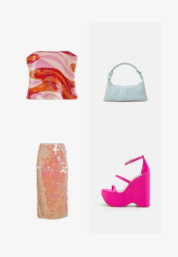 Stropfri tube top med hvirvlende røde, orange og pink pailletmønstre, der skaber et levende, bølgende abstrakt design.; Pailletteret nederdel i gradient nuancer af fersken og pink, med cirkulære pailletter og en tætsiddende silhuet. Glat tekstur med reflekterende accenter.; Lyserøde platform sandaler med en høj kilehæl, der har to tynde stropper foran og en ankelrem med en metallisk spænde. Glat tekstur.; Mascara Clutches - mint