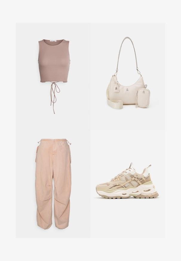 Even&Odd Top - taupe; BDG Urban Outfitters BAGGY CARGO - Jeans Relaxed Fit - acid pink; Beige og hvide chunky sneakers med tyk sål, mesh- og læderpaneler, ovale udskæringer i mellemsålen, trækstropper på tunge og hæl.; Beige lædertaske med en buet form, kædestrop, sølvfarvet hardware og aftagelig lille pung. Tekstureret strop med logo mønster.