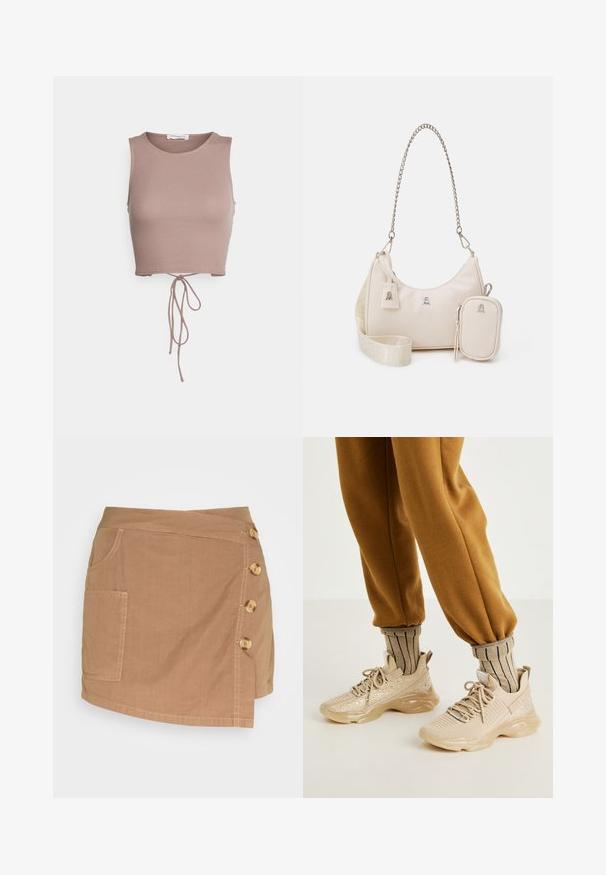 Even&Odd Débardeur - taupe; Even&Odd Short - brown; Chaussures de sport beiges avec tige en mesh, paillettes décoratives et semelle en caoutchouc épaisse. Associées à des chaussettes beiges rayées et un pantalon de jogging marron.; Sac à main en cuir beige avec une forme courbée, une bandoulière en chaîne, quincaillerie en argent et une petite pochette amovible. Bandoulière texturée avec un motif de logo.