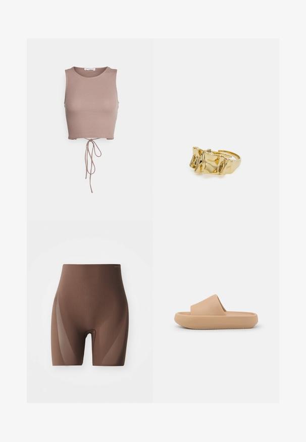 Even&Odd by Zalando Top - taupe; Hnedé tvarujúce šortky s hladkým, elastickým materiálom. Disponujú vysokým pásom a bezšvovým prevedením pre pohodlie a diskrétne nosenie.; Hnedé šľapky s hrubým textúrovaným remienkom a zaoblenou podrážkou. Obsahujú hladký povrch a podrážku s dezénom pre lepšiu priľnavosť.; Zlatý prsteň s textúrovaným, vlnitým dizajnom, ktorý má tri výrazné vrcholy. Hladký, lesklý povrch a otvorený pásik pre nastaviteľné prispôsobenie.