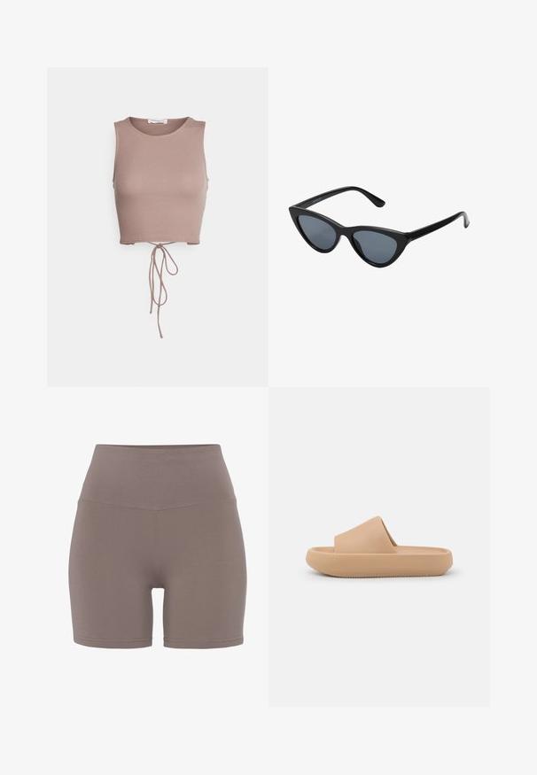 Even&Odd Top - taupe; Súpravy s vysokým pásom v tlmenej taupe farbe, vyrobené z hladkého, pružného materiálu. Má bezšvový dizajn a tesný strih.; Hnedé šľapky s hrubým textúrovaným remienkom a zaoblenou podrážkou. Obsahujú hladký povrch a podrážku s dezénom pre lepšiu priľnavosť.; Čierne slnečné okuliare v štýle mačacích očí s tmavošedými sklami, elegantným plastovým rámom, špicatými rohmi a rovnými stranami. Bez viditeľného hardvéru alebo akcentov.