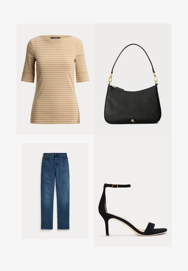 Beige lyhythihainen paita, jossa valkoiset vaakaraitakuviot ja venepääntie, merkiltään Lauren Ralph Lauren.; Suorat siniset denim-farkut, joissa on viisi taskua, nappisuljenta ja hienovarainen haalistuma reiden ja polvien kohdalta, asetettuna tasaisesti valkoiselle taustalle.; Musta mokkanahkainen korkokengän sandaali, jossa ohut nilkkaremmi ja kultainen solki, avoin varvasosa ja maltillinen korko yksinkertaisella valkoisella taustalla.; Musta nahkainen käsilaukku, jossa on jämäkkä muotoilu, vetoketjusuljenta, irrotettava olkahihna ja kultaiset yksityiskohdat.