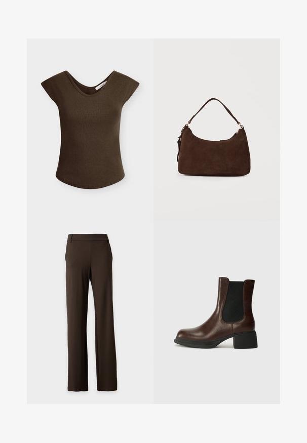 Haut marron côtelé à manches courtes avec encolure arrondie et manches légèrement tombantes sur un fond clair uni.; Pantalon marron foncé droit avec passants de ceinture, poches latérales et un design avant épuré sur un fond clair uni.; Bottine en cuir marron avec un bout arrondi, un panneau latéral élastique et un talon épais noir. Texture lisse avec un design minimaliste.; Sac à bandoulière en daim marron avec une seule sangle et une fermeture éclair sur un fond clair uni.