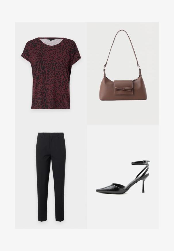 Burgunderfarvet t-shirt med sort leopardprint, rund halsudskæring, korte ærmer, afslappet pasform, blød stofstruktur, minimale syninger.; Sorte bukser med en skræddersyet design, lavet af glat stof. Har lige ben, taljebånd med bæltestropper og sidelommer.; Sort spids højhælet sko med tynde ankelremme og sølvspænde på en ensfarvet lys baggrund.; Brun skuldertaske i læder med en frontlomme med klap, der har en sydd sløjfedetalje, og en justerbar rem.