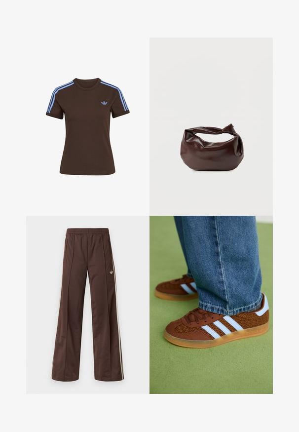 Braunes Kurzarm-T-Shirt mit hellblauen drei Streifen auf den Schultern und kleinem hellblauem Adidas-Logo auf der linken Brust.; Braune Sporthose mit weitem Bein, weißen Seitenstreifen, elastischem Bund und zwei Seitentaschen. Mit kleinem Logo am Bein.; Braune Adidas-Sneaker mit weißen Streifen und Gummisohlen, getragen mit blauen Jeans auf grünem Teppich.; Dunkelbraune Lederschultertasche mit weicher, lockerer Form und einem gedrehten Knotengriff vor schlichtem weißem Hintergrund.