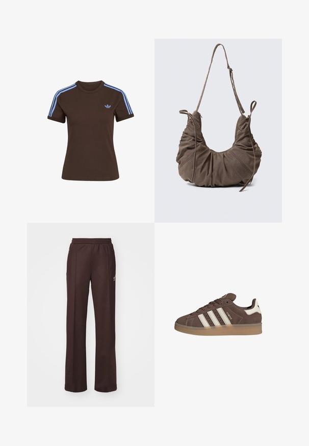 Camiseta marrón de manga corta con tres rayas azul claro en los hombros y pequeño logo de Adidas azul claro en el pecho izquierdo.; Pantalones deportivos marrones con una cinturilla elástica, dos bolsillos laterales y un pequeño logo en el lado izquierdo, hechos de una tela suave.; Zapatilla de ante marrón con detalles en cuero blanco y tres rayas blancas. Presenta una puntera redonda y una suela de goma. Logotipo en el lateral.; Bolso bandolera de ante marrón con detalles fruncidos, correa ajustable y lazos decorativos laterales, mostrado sobre un fondo neutro.
