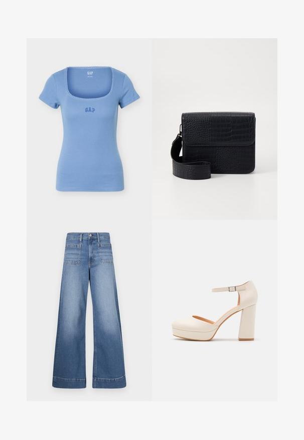 Top côtelé bleu clair à manches courtes avec encolure carrée et petit logo "GAP" brodé sur la poitrine.; Jeans en denim bleu à taille haute, avec des jambes larges, deux poches avant et deux poches arrière, présentant une finition soignée et un léger décoloration.; Talons compensés de couleur crème avec un bout rond et une bride de cheville réglable. Présente un talon épais avec une légère accent en bois.; Sac noir en texture crocodile, de forme rectangulaire, avec un rabat pliable et une bandoulière amovible. Présente une finition lisse et un aspect brillant.