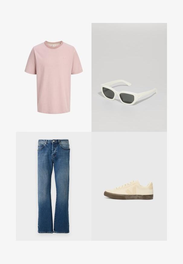 Hellrosa T-Shirt mit kurzen Ärmeln, Rundhalsausschnitt, kleinem weißen Logo auf der linken Brust und schlichtem, einfarbigem Design.; Helle blaue Jeans aus Denim mit geradem Bein, ausgestattet mit fünf Taschen, einem Knopfverschluss und subtilen Ausbleichungen auf dem Stoff.; Beige Leinensneaker mit runder Zehenpartie, flachen Schnürsenkeln und strukturiertem braunem Gummi-Sohle. Mit einem Logo an der Seite und einem minimalistischen Design.; Weiße rechteckige Sonnenbrillen mit schwarzen Gläsern. Hergestellt aus mattem Kunststoff, mit leicht geschwungenen Kanten und eleganten, geraden Bügeln.