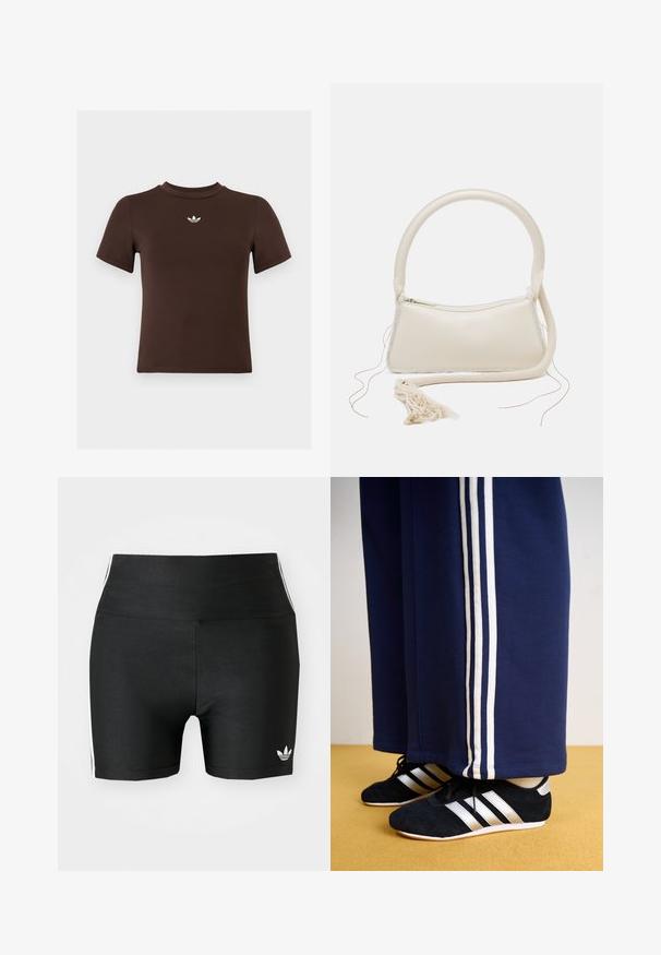 Brun tætsiddende t-shirt med korte ærmer og et lille hvidt Adidas-logo centreret under halsudskæringen.; Sorte atletiske shorts i en strækbar kvalitet med høj talje. Har hvide side-striber og et lille hvidt logo ved sømmen.; Mørkeblå træningsbukser med tre hvide lodrette striber og sorte sportssko med sølvstriber og en struktureret overflade. Gul gulv.; Cremefarvet håndtaske med et rundt håndtag, lynlås lukning og frynsedetalje. Har en glat lædertekstur og kontrasterende stofkant.
