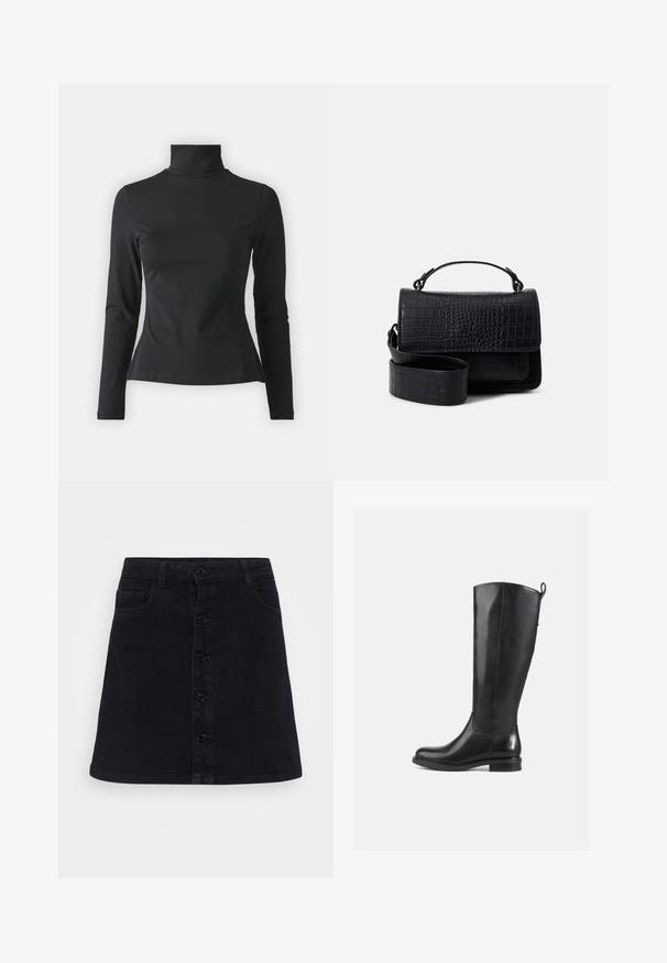Even&Odd Petite Camiseta de manga larga - black; Falda de mezclilla negra con corte recto, presenta un cierre de botones al frente, dos bolsillos laterales y una textura suave.; Botas de cuero negras hasta la rodilla con un acabado suave, punta redondeada, tacón bajo y una lengüeta en la parte posterior. Diseño minimalista sin patrones visibles.; Bolso cruzado negro con textura de cocodrilo, con una correa desmontable y un asa superior, que presenta un cierre de solapa y un acabado suave.