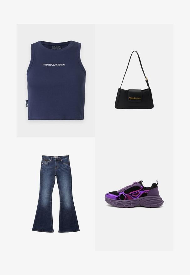 Haut court sans manches bleu marine avec "RED BULL RACING" brodé en blanc sur la poitrine, tissu côtelé et petite étiquette latérale.; Jean flare bleu foncé avec une taille, un design à cinq poches, des accents de couture et une texture en denim lisse.; Baskets épaisses violettes et noires avec panneaux réfléchissants, tissu en maille, semelle épaisse texturée et fermeture à lacets, vues du côté gauche.; Sac à main en imitation cuir noir, de forme rectangulaire, avec un logo doré et une seule sangle ajustable. Il présente une fermeture à rabat et un design épuré.