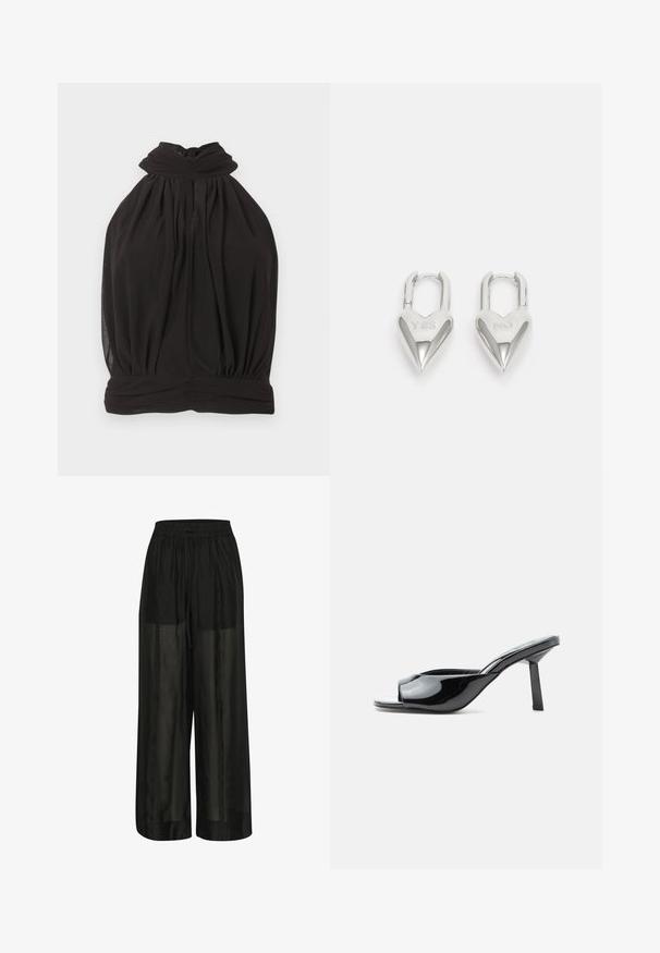 Schwarzes ärmelloses Neckholder-Top mit hohem, verdrehtem Ausschnitt und locker gesammeltem Oberteil auf weißem Hintergrund.; Schwarze weit geschnittene Hose aus transparentem Stoff, mit einem elastischen Bund und einem Kordelzug für eine verstellbare Passform und einer glatten Textur.; Glänzender schwarzer Mule mit offenem Zehenbereich, einem quadratischen mittelhohen Absatz und einem gebogenen Riemen über dem Vorderfuß auf weißem Hintergrund.; Silberne herzförmige Vorhängeschlösser mit eingravierten "JA"- und "NEIN"-Texten, polierte Oberfläche, symmetrisches Design und einem robusten Metallverschluss.