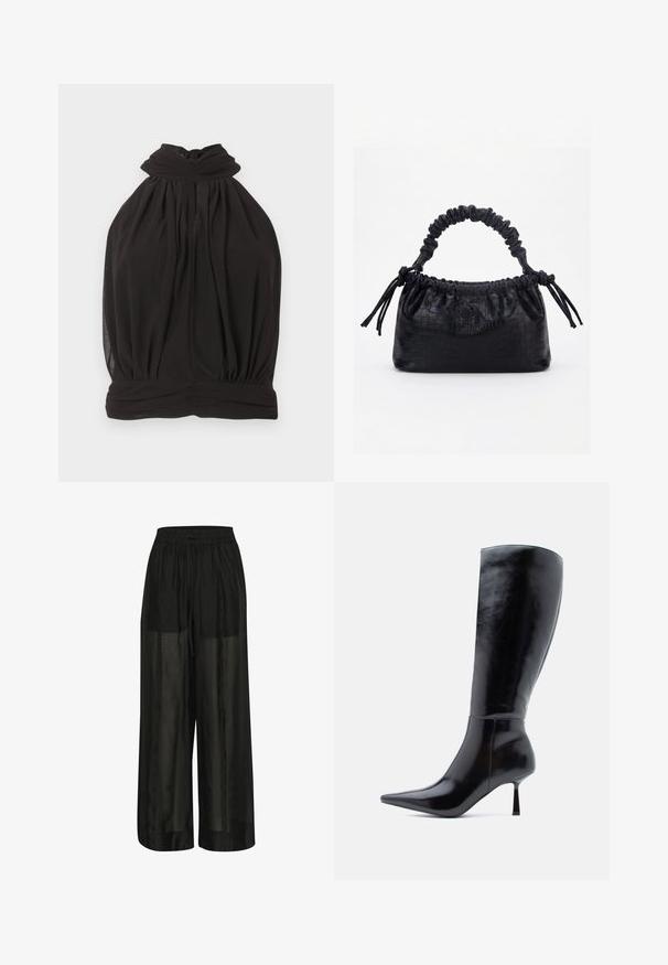 Top negro sin mangas con cuello halter alto retorcido y cuerpo suelto fruncido sobre fondo blanco.; Pantalones de pierna ancha negros hechos de tela transparente, con una cinturilla elástica y un cordón para un ajuste ajustable y una textura suave.; Botas de tacón alto negras hasta la rodilla con un acabado de cuero brillante, punta afilada y tacón delgado y cónico, que presentan una superficie lisa y un diseño elegante.; Bolso negro con textura de cocodrilo, borde superior fruncido, asa recogida y cordones con borlas en cada lado sobre un fondo blanco.