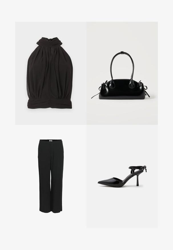 Haut noir sans manches à col licou torsadé haut avec un buste ample et froncé sur fond blanc.; Pantalons larges noirs en tissu léger. Dotés d'une taille élastique et d'une texture lisse. Pas de poches ni de motifs visibles.; Chaussure à talon haut en cuir verni noir avec bout pointu et bride de cheville nouée à l'arrière, présentée sur un fond blanc uni.; Petit sac à main noir brillant avec deux longues anses et des détails à cordon sur les côtés sur un fond clair uni.