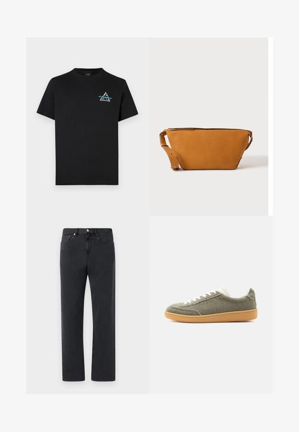 T-shirt en coton noir avec un graphique de montagne triangulaire en blanc et bleu, à manches courtes et col rond.; Jeans en denim noir avec une coupe droite, cinq poches et des accents en métal. Le tissu présente une finition lisse et légèrement texturée.; Baskets basses décontractées avec dessus en tissu vert olive, lacets blancs, col rembourré et semelle en gomme, présentées sur un fond uni.; Sac bandoulière en cuir marron clair avec sangle réglable et fermeture éclair, présenté sur un fond clair uni.